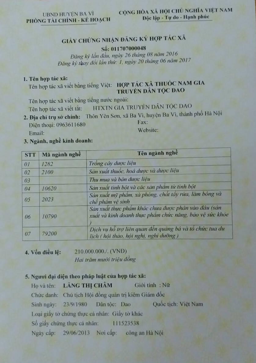Giấy chứng nhận đăng ký hợp tác xã thuốc nam gia truyền dân tộc dao